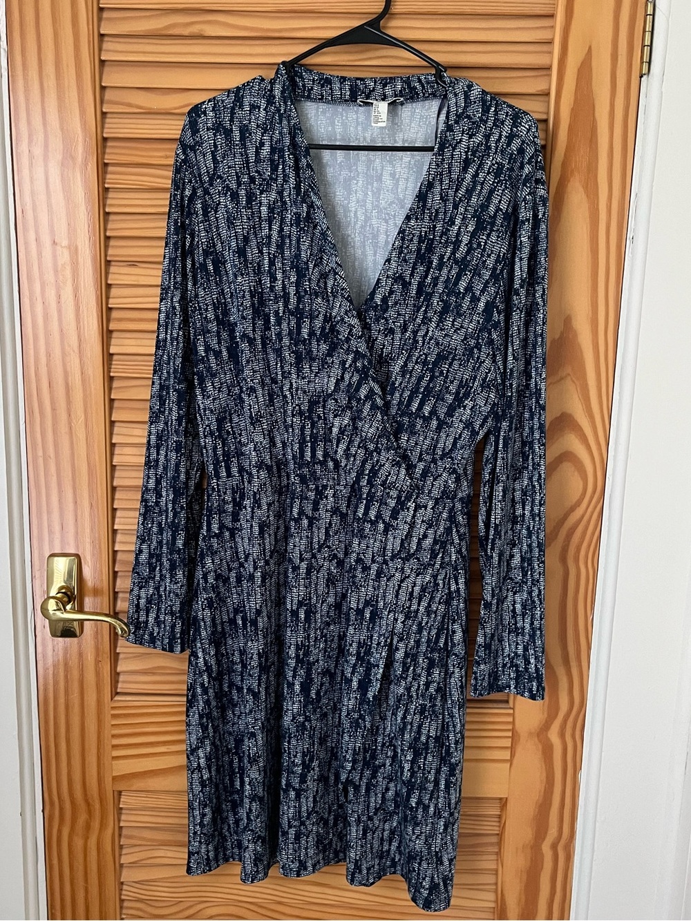 Halston Midi Dress Navy Patterned Long Sleeve Dress L